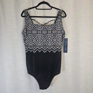 Longitude Black & White High Neck Tank Double X Back One Piece Suit-Size: 24W